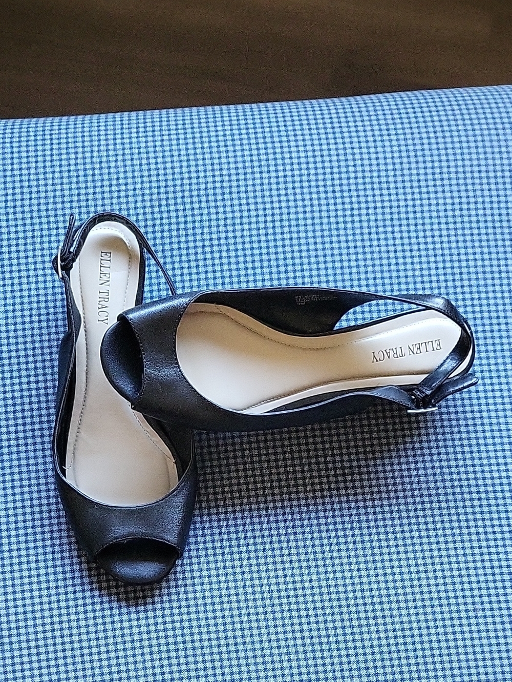 Ellen Tracy Black Peep-Toe Slingback Wedge Heels